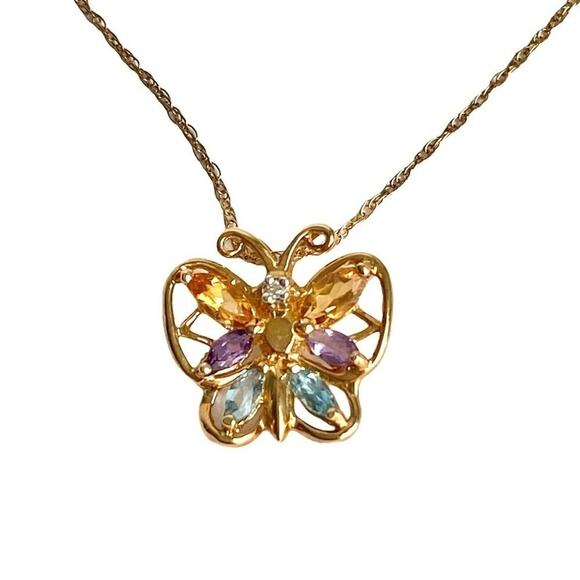 Vintage Jewelry - Vintage 10K Gold Butterfly Necklace Topaz Amethyst